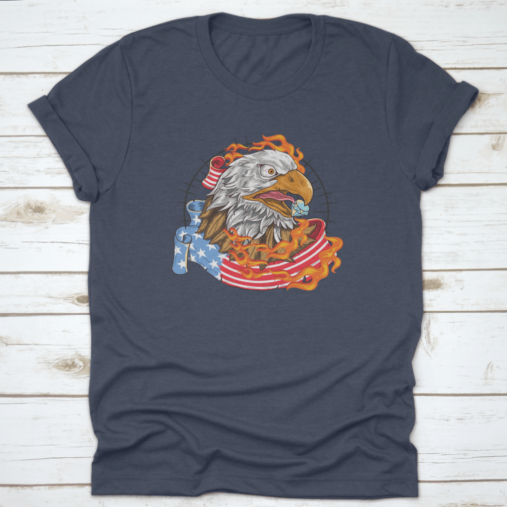 A stylish t-shirt featuring a flaming eagle with a diamond on its beak, showcasing a patriotic design.